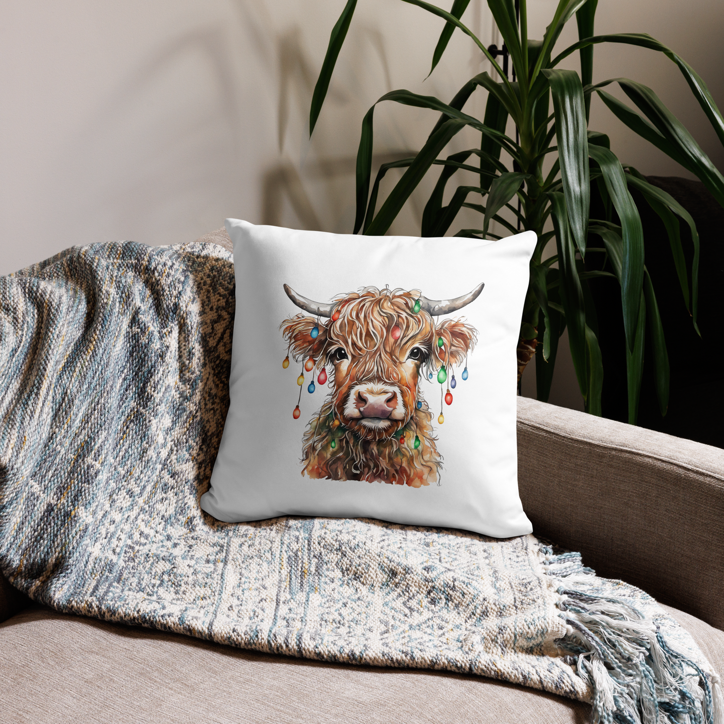 Cozy Highland Cow Christmas Greetings Decorative Pillow