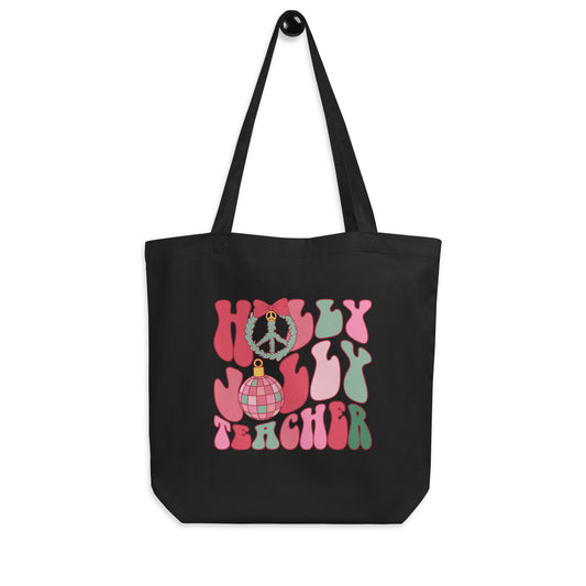 Holly Jolly Teacher Retro Wavy Eco Tote Bag