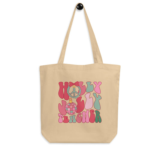 Holly Jolly Teacher Retro Wavy Eco Tote Bag