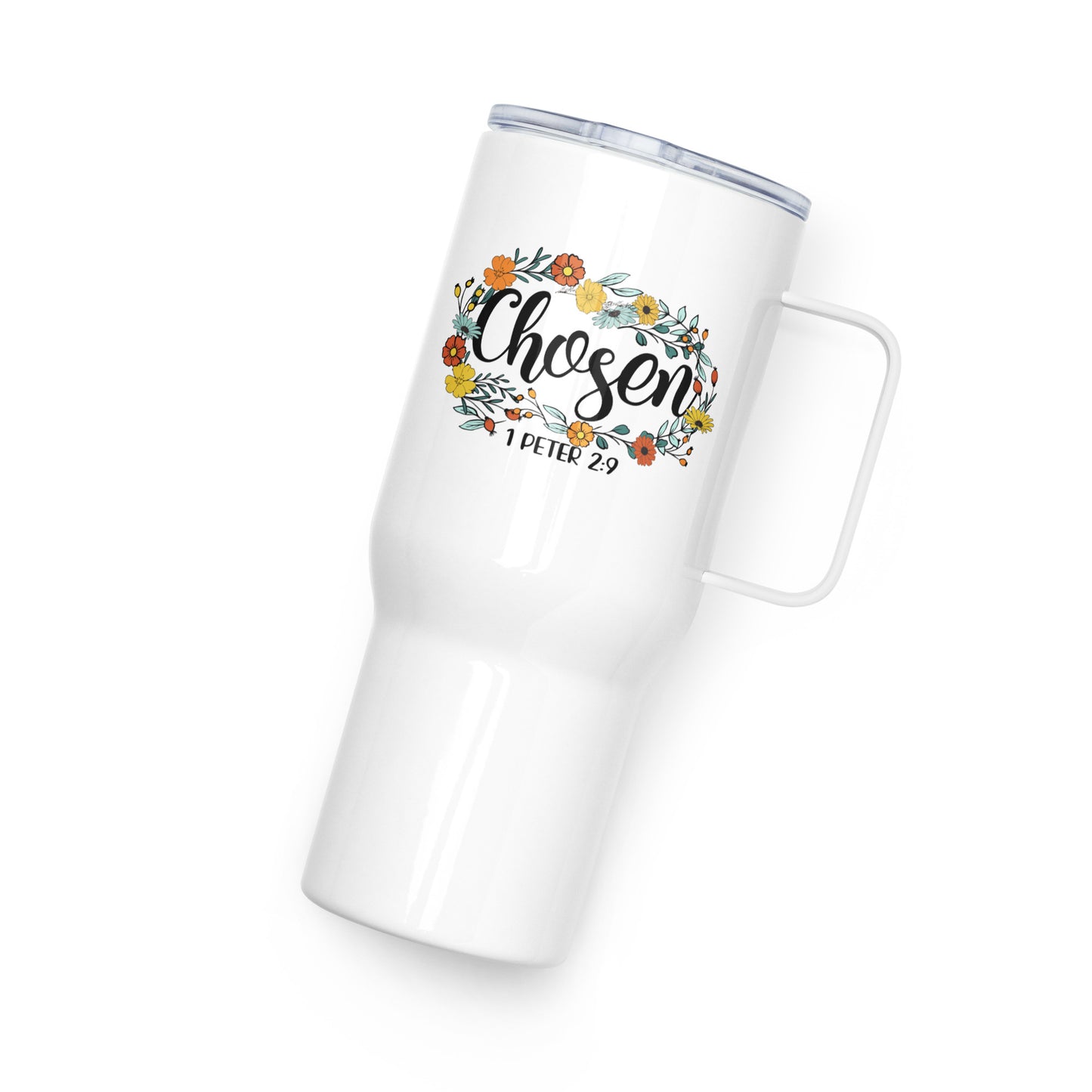 1 Peter 2:9 CHOSEN Floral Travel mug with a handle