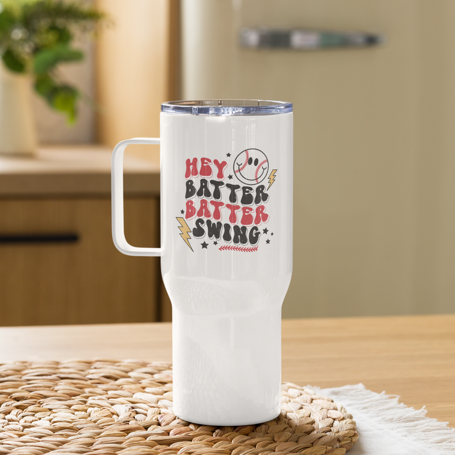 Hey Batter Batter Swing Baseball Travel mug with a handle