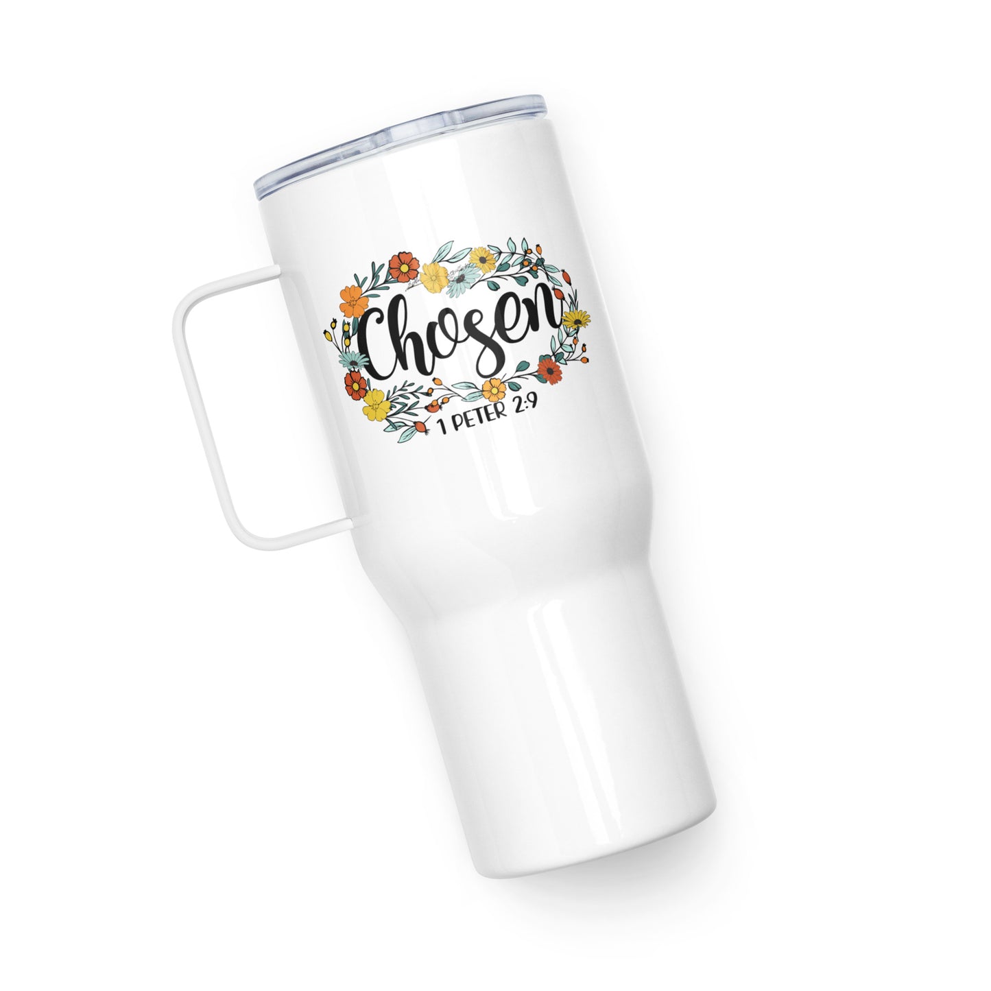 1 Peter 2:9 CHOSEN Floral Travel mug with a handle