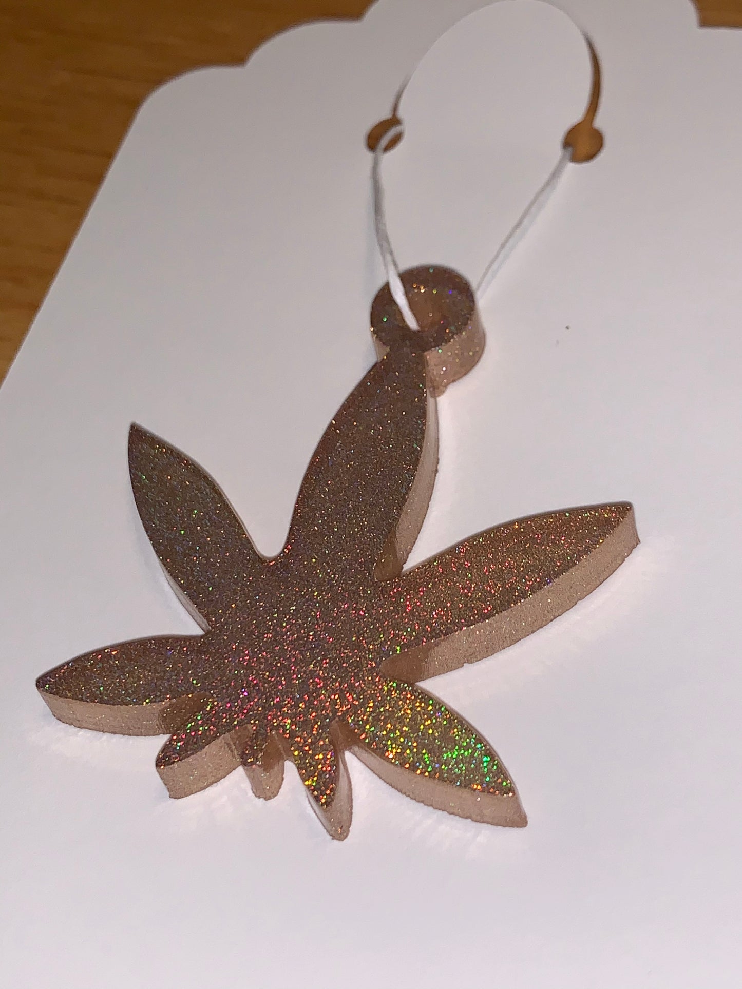 Gold Holographic cannabis leaf Resin Dangle on hemp Cord