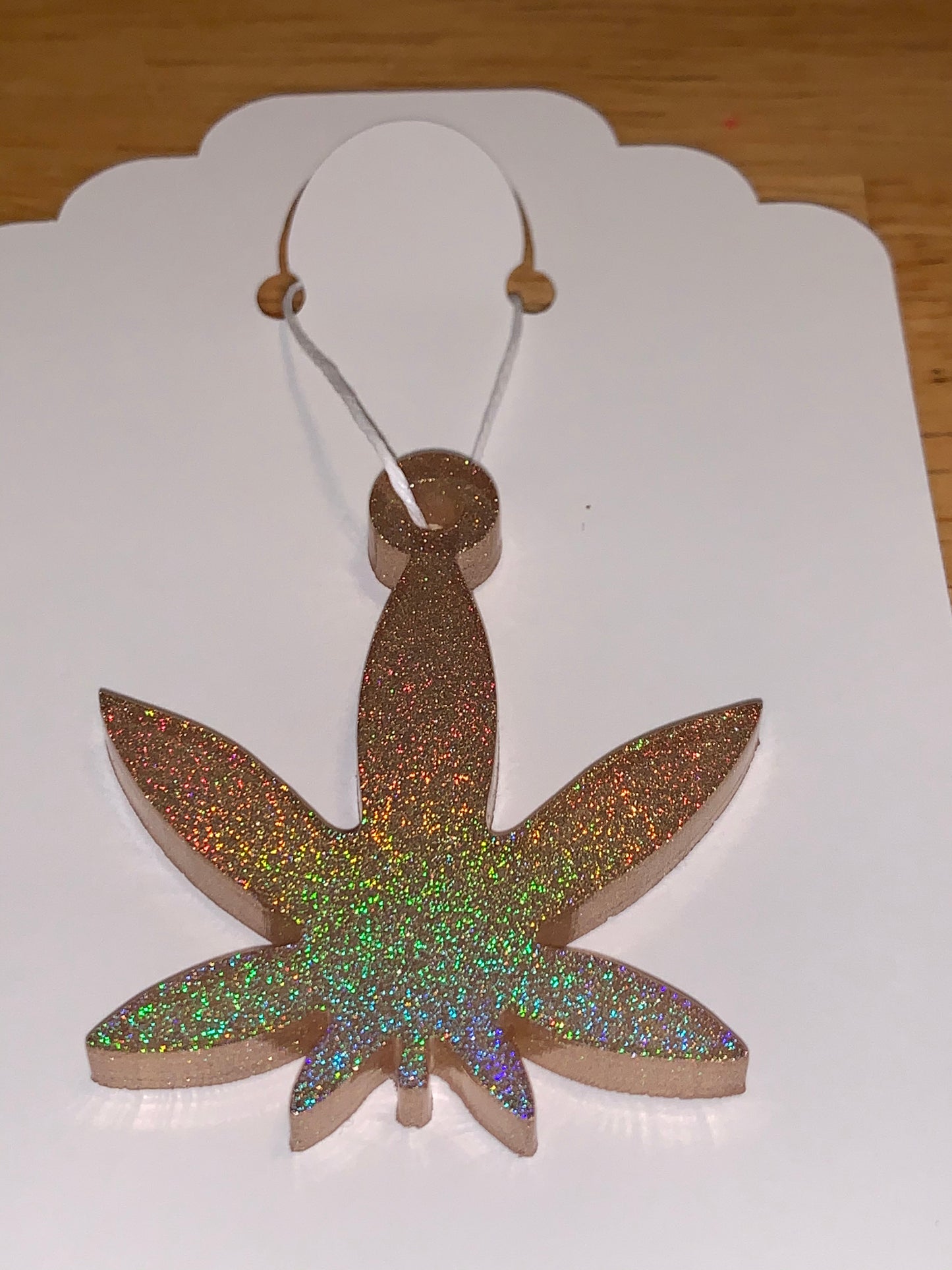 Gold Holographic cannabis leaf Resin Dangle on hemp Cord