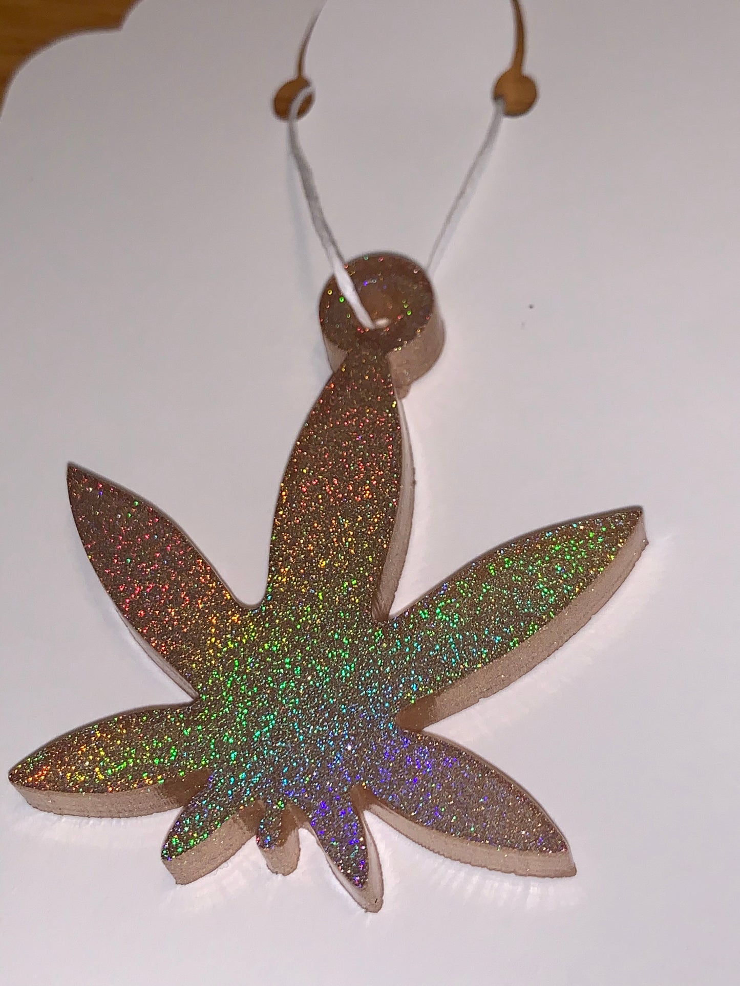 Gold Holographic cannabis leaf Resin Dangle on hemp Cord