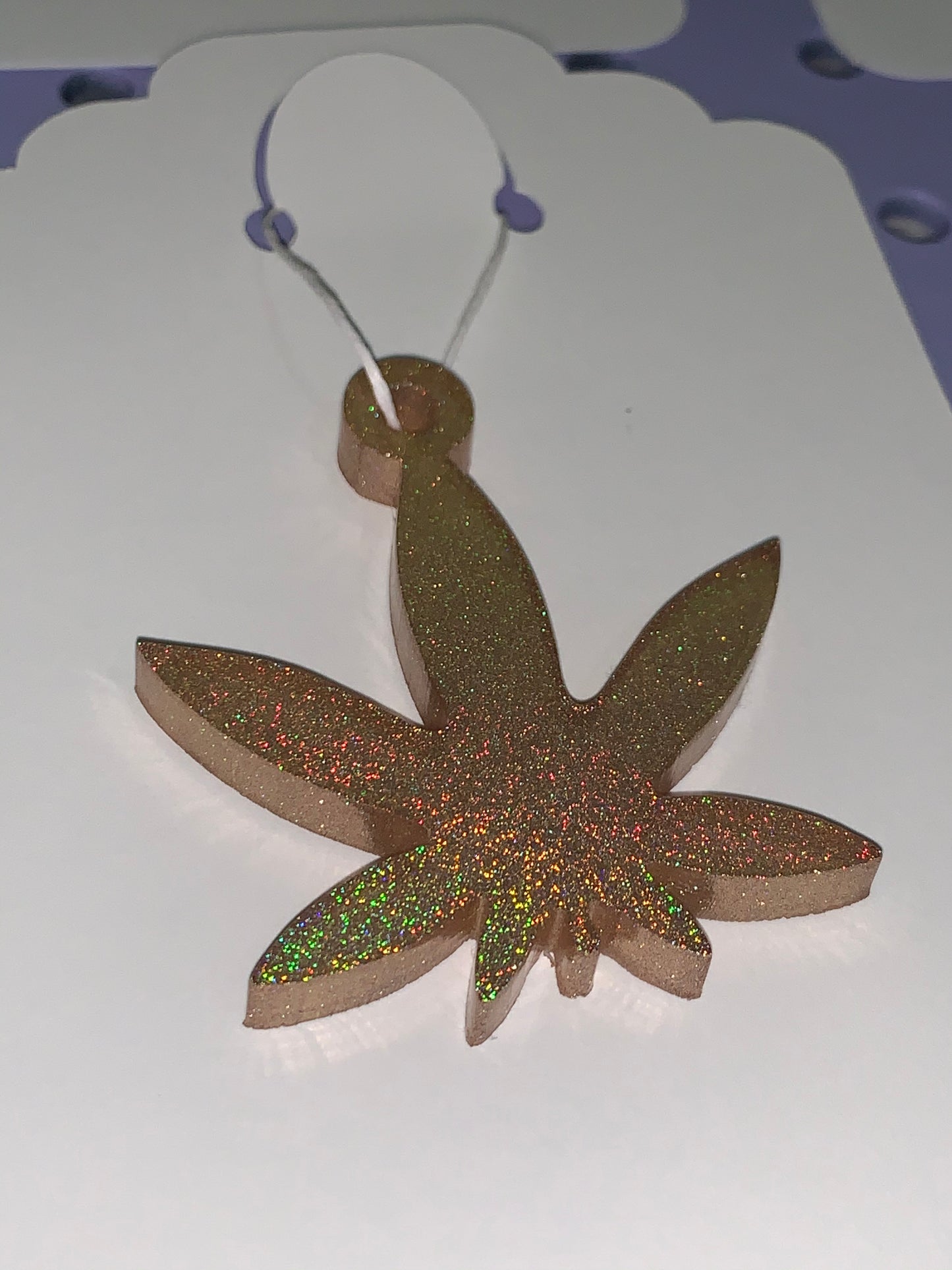 Gold Holographic cannabis leaf Resin Dangle on hemp Cord